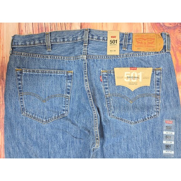 Levis 501 Original Fit Mens Jeans 42X32 Blue Denim Button Fly Straight Leg - Picture 7 of 10